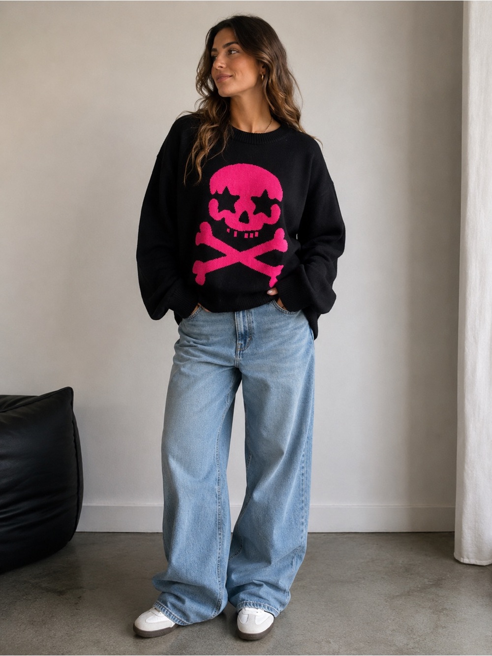 Black Crewneck Sweater with Pink Skull Graphic Large